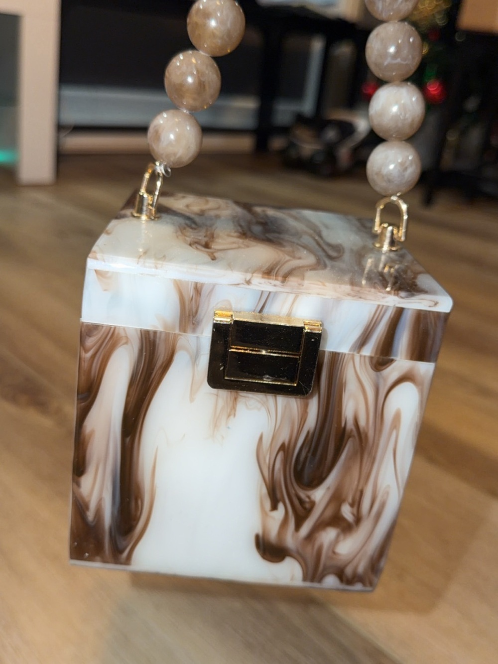 Marble-Effect Box Handbag with Beaded Handle in Brown & Cream